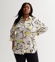 New Look Curves Off White Doodle Print Satin Oversized Shirt